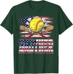 Softball Brother Vintage USA American Flag 4th Of July Women Kids Men T-Shirt - T-Shirt | Forest
