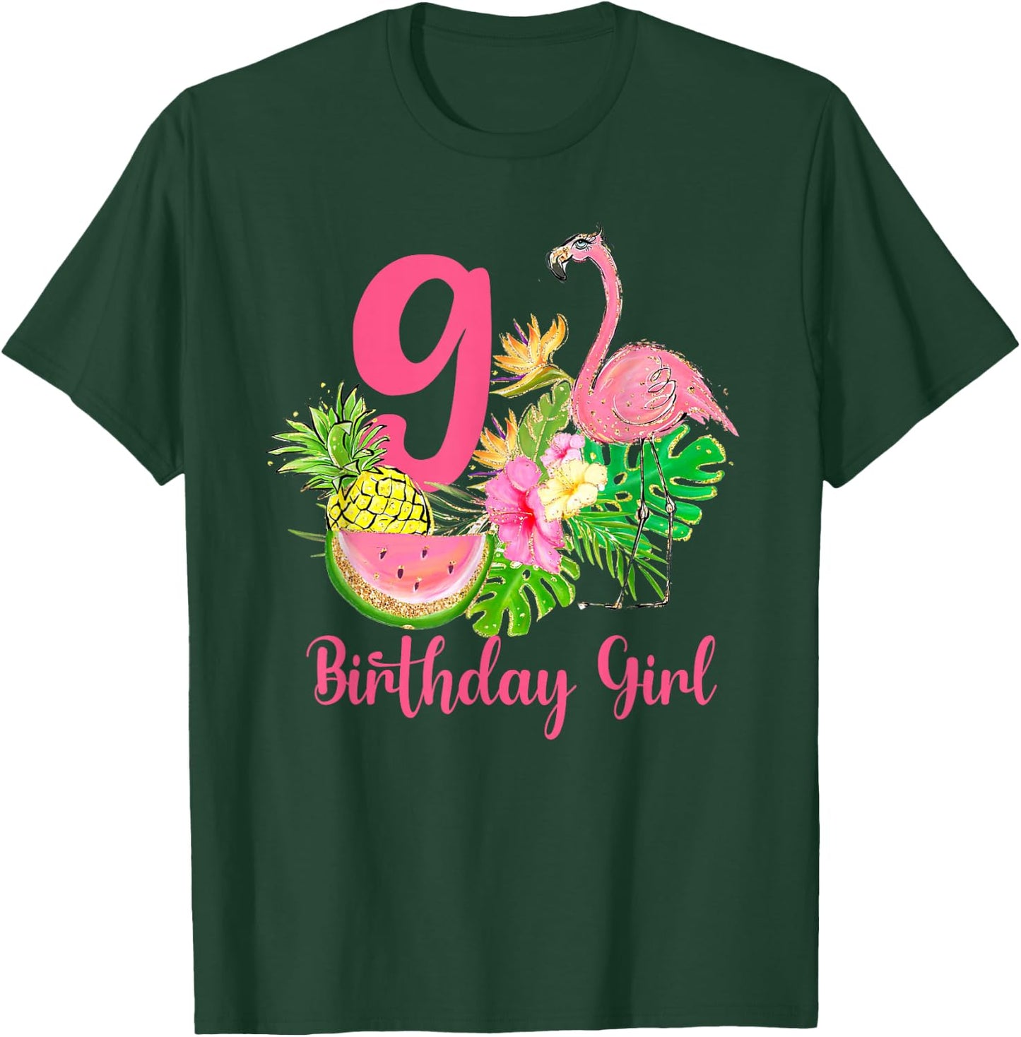 9th Birthday Tropical Flamingo Hawaii 9 Year Old Girl T-Shirt - T-Shirt | Forest