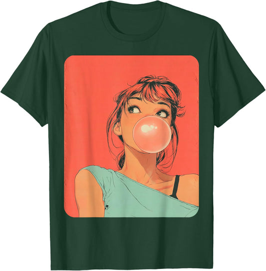 Cute Girl Pink Bubble Gum Anime Women's Kawaii T-Shirt - T-Shirt | Forest