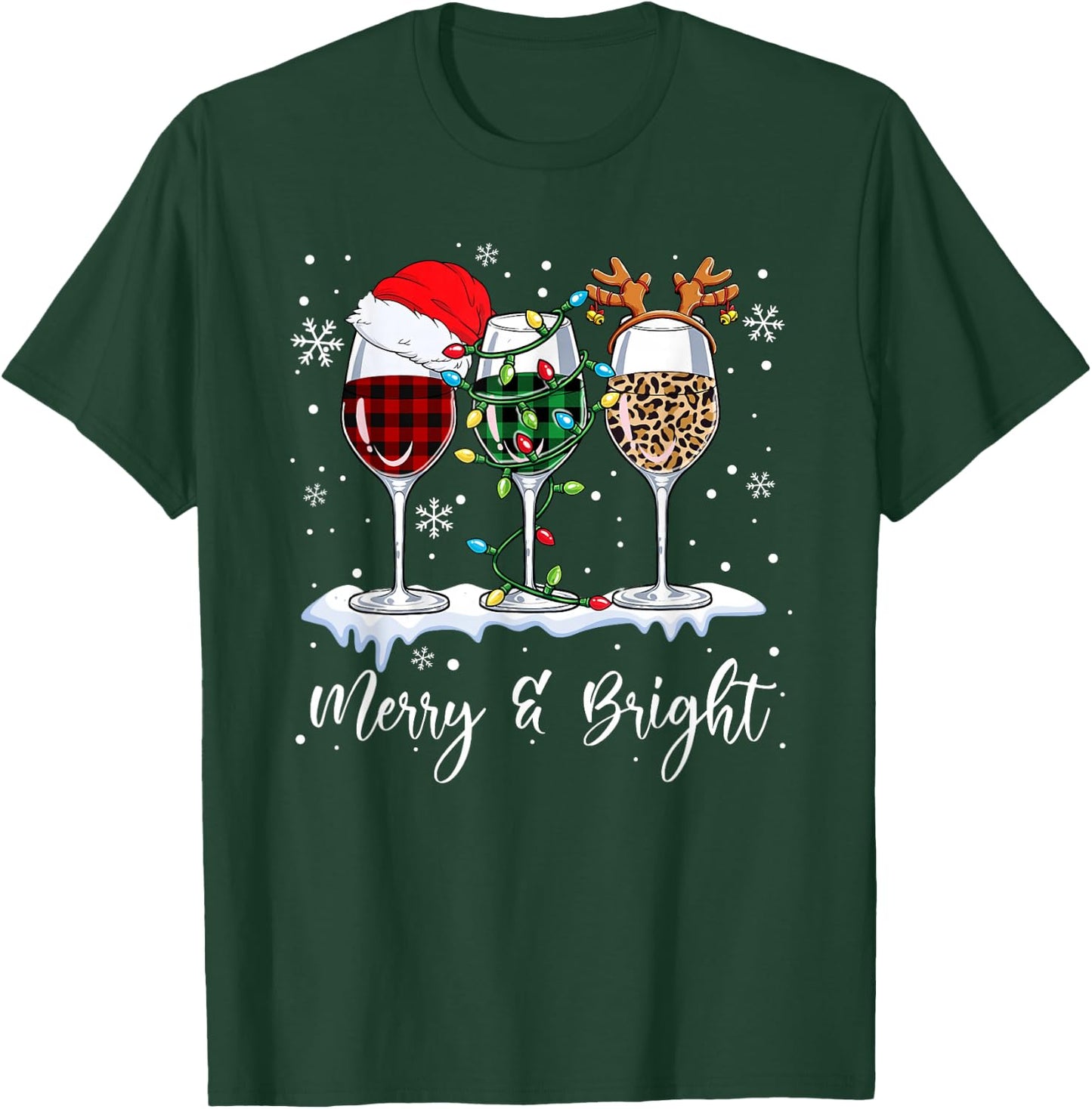 Three Wine Glasses Merry And Bright Christmas Wine Lover T-Shirt - T-Shirt | Forest