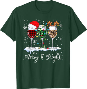Three Wine Glasses Merry And Bright Christmas Wine Lover T-Shirt - T-Shirt | Forest