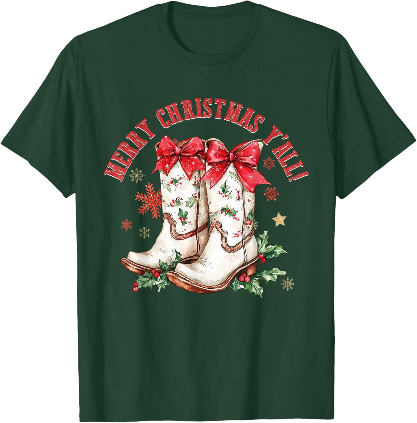Merry Christmas Y'all Howdy Christmas Boots Cowgirl Coquette T-Shirt - T-Shirt | Forest