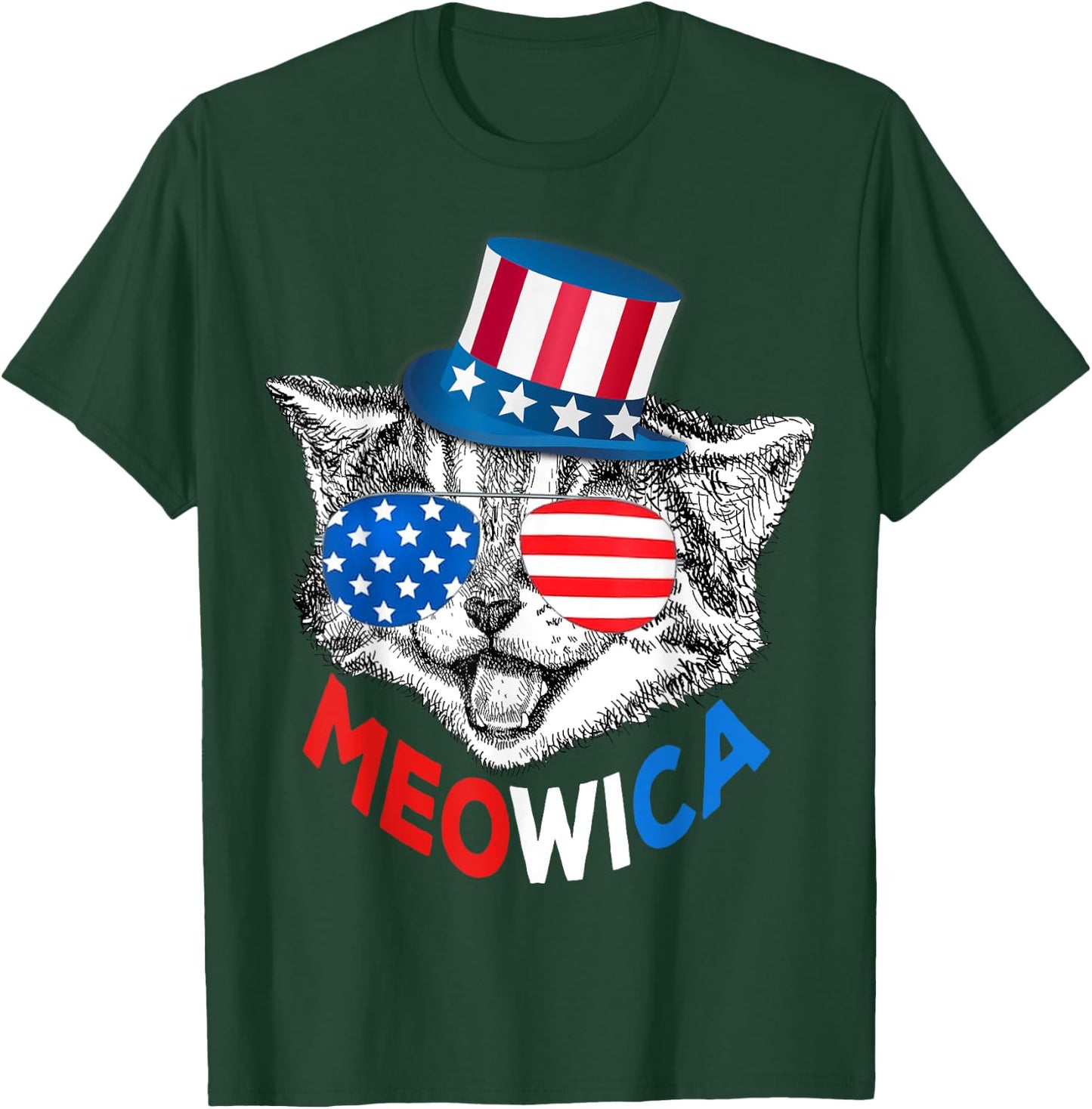 Patriotic Cat 4th of July Kids American Flag Girls Meowica T-Shirt - T-Shirt | Forest