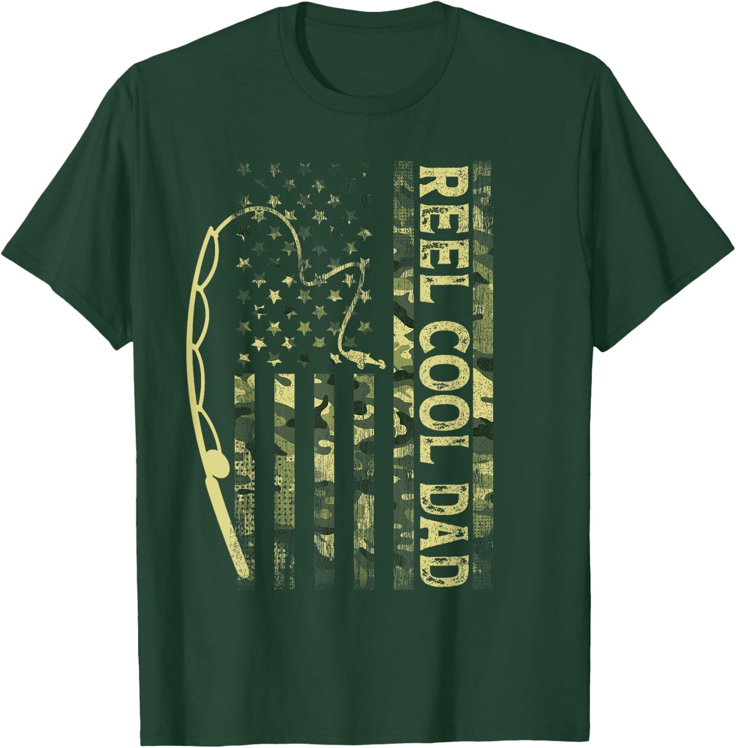 Reel Cool Dad Camouflage American Flag Father's Day Camo T-Shirt - T-Shirt | Forest