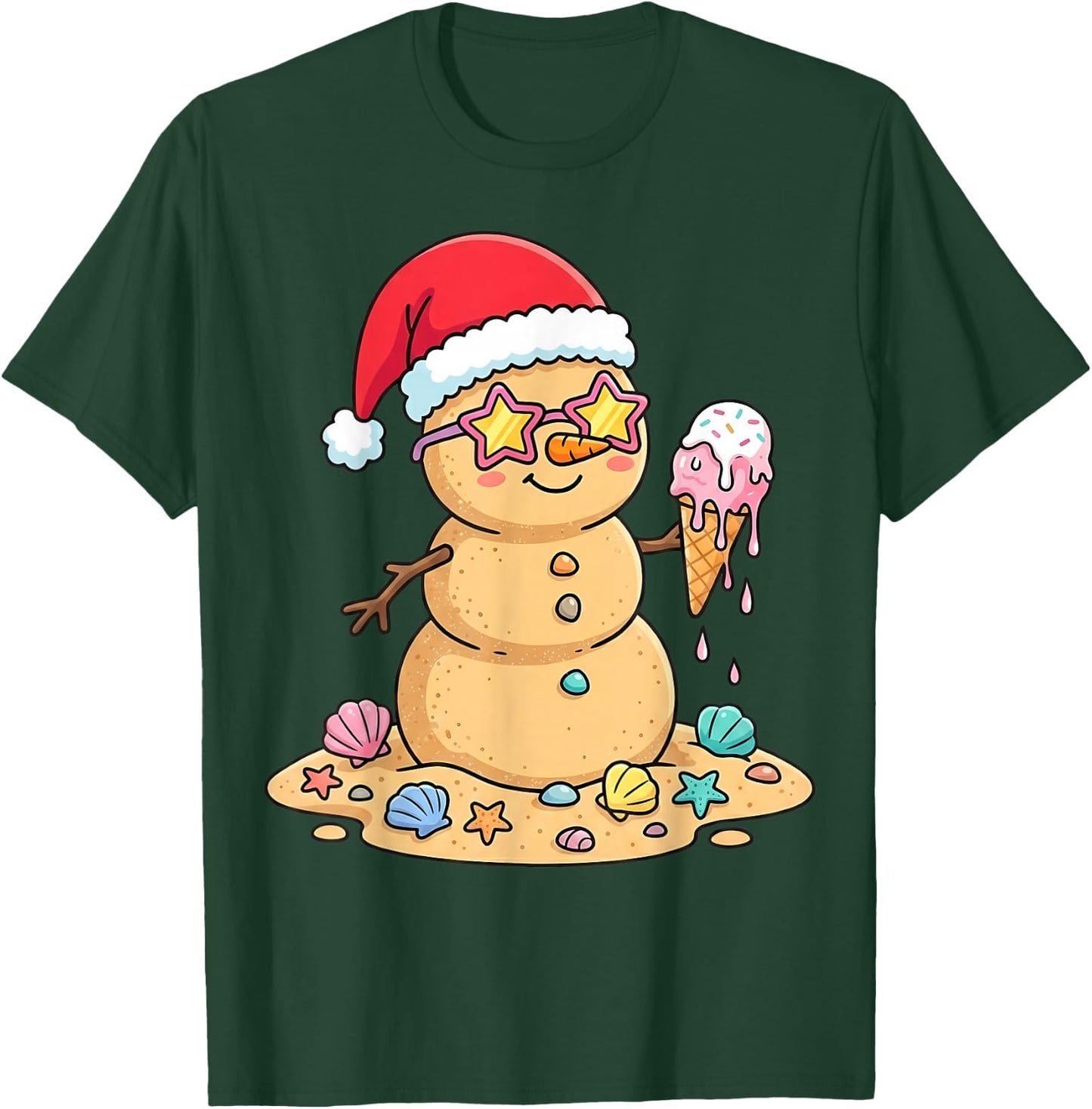 Cute Sand Snowman Santa Hat Christmas in July T-Shirt - T-Shirt | Forest