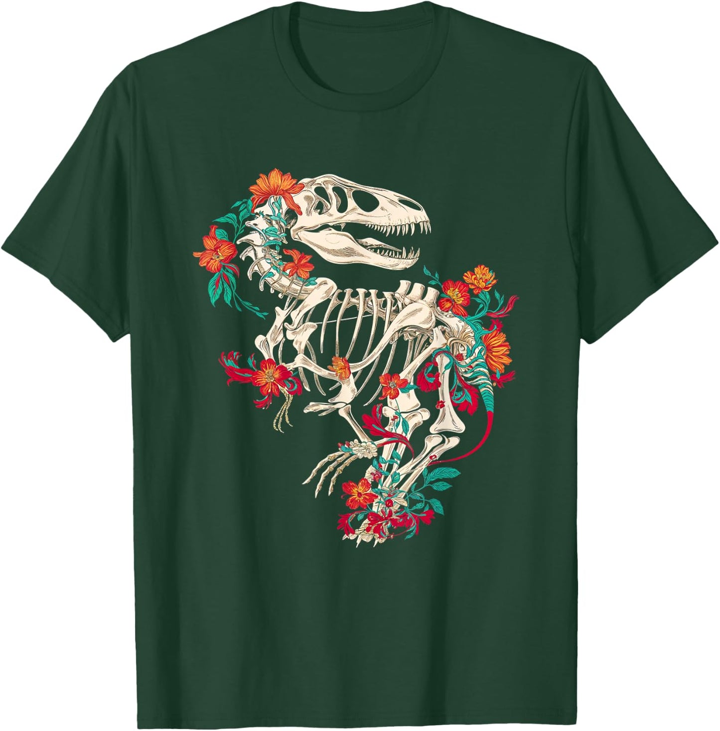 Rex Skeleton Floral Dino Bones Paleontology Dinosaur T-Shirt - T-Shirt | Forest