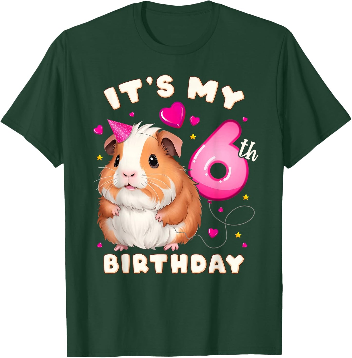 6th Birthday Girl 6 Years, Guinea Pig and Big Number 6 T-Shirt - T-Shirt | Forest