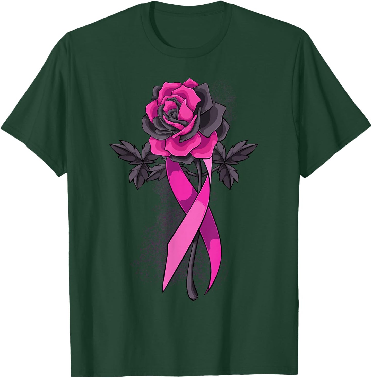 Pink Ribbon Rose Breast Cancer Awareness Survivor Warrior T-Shirt - T-Shirt | Forest