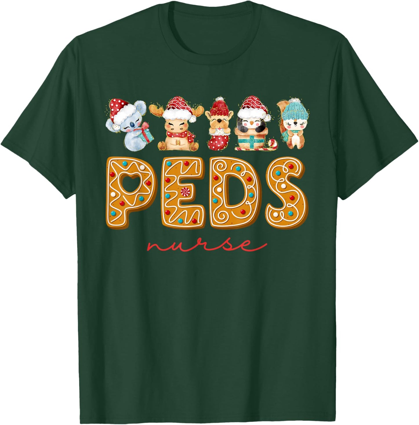 PEDS Nurse Cute Animals Cookies Pediatric Nurse Christmas T-Shirt - T-Shirt | Forest