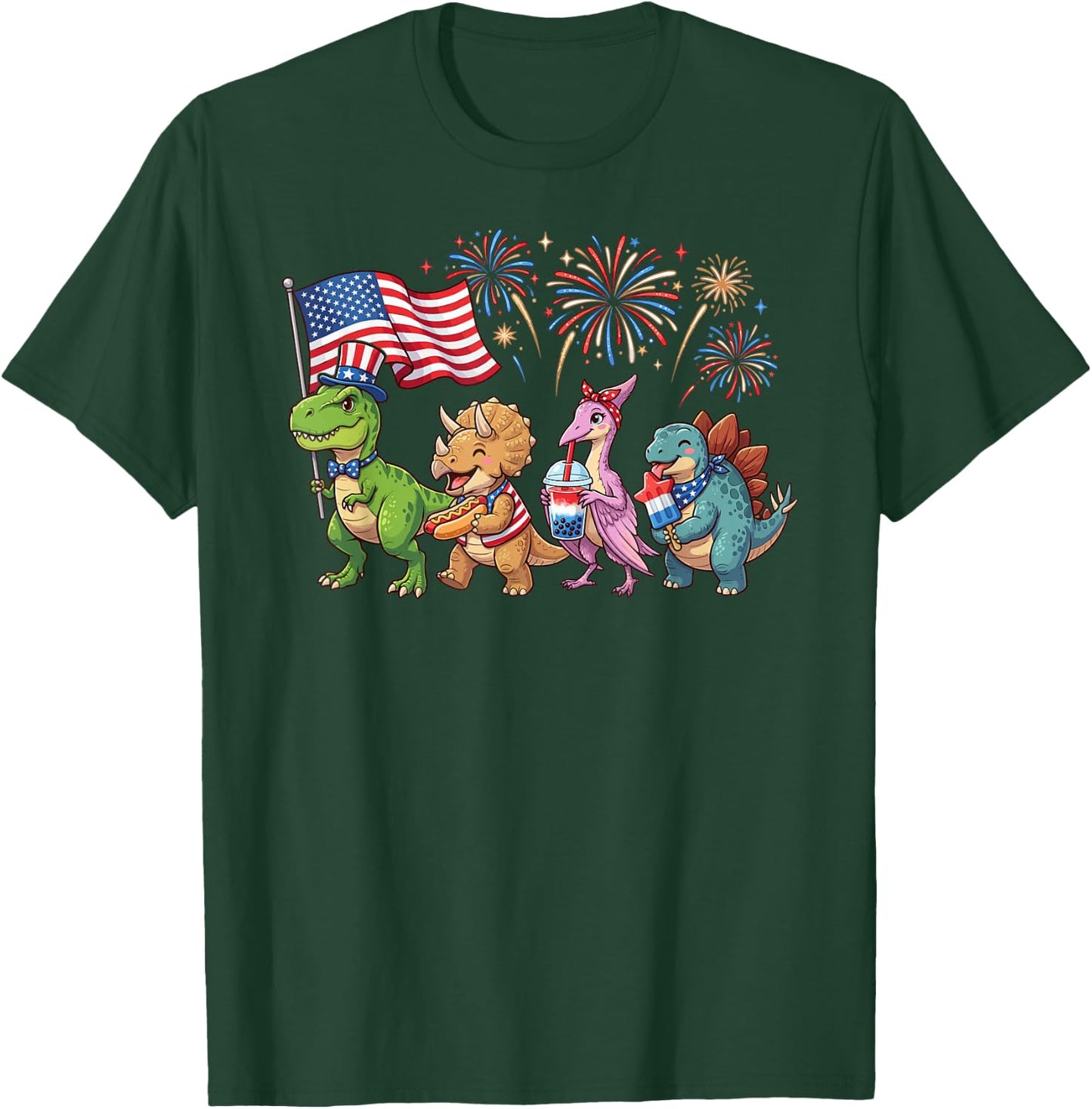 Patriotic Dinosaurs Fireworks T-Rex Triceratops 4th of July T-Shirt - T-Shirt | Forest