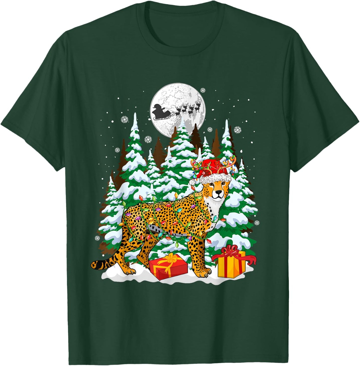 Santa Reindeer Cheetah Christmas Trees Animal Lover Kids T-Shirt - T-Shirt | Forest