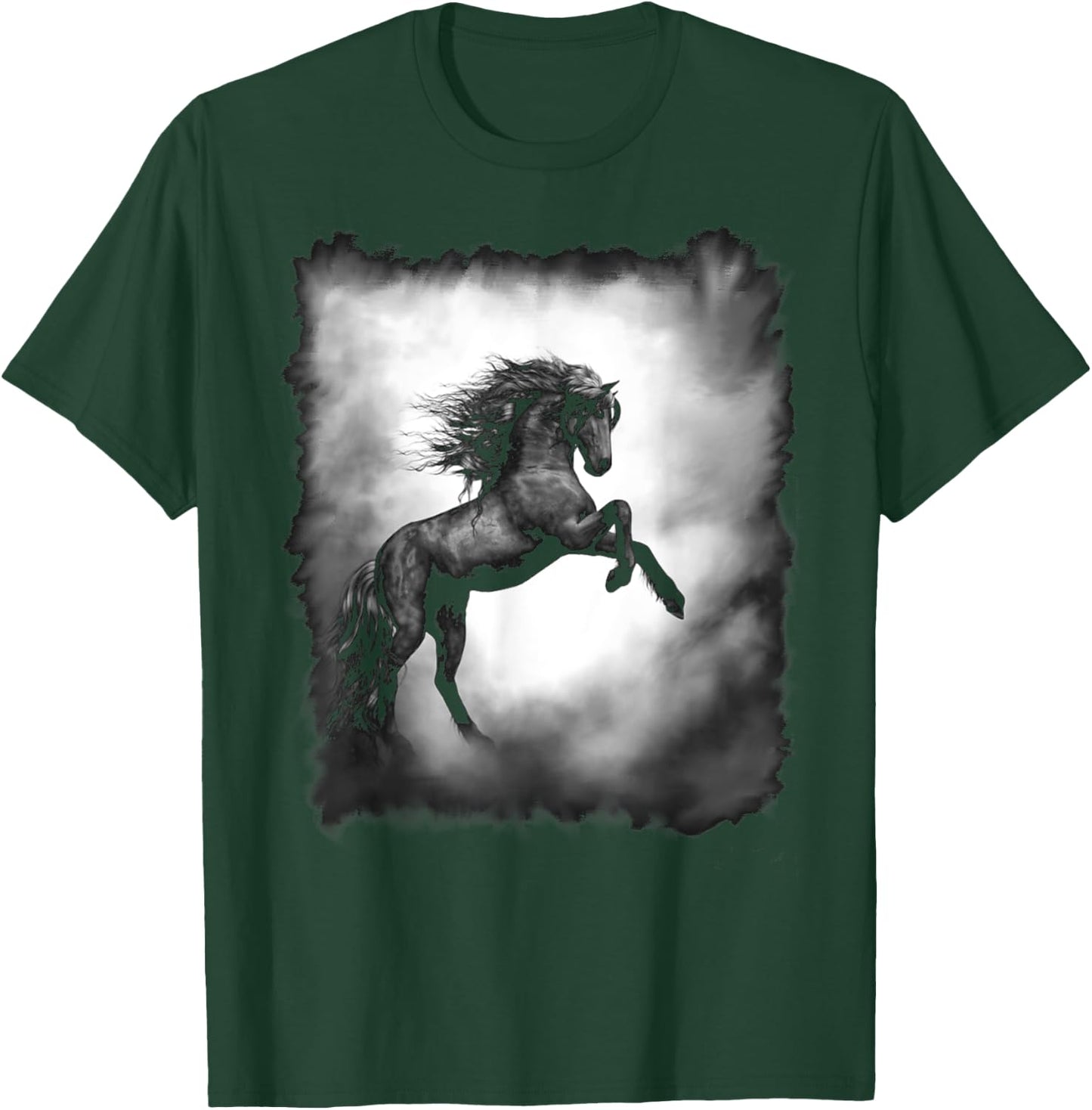 Black Wild Stallion Horse Rearing up with flowing mane T-Shirt - T-Shirt | Forest