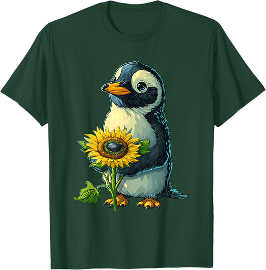 Penguin Holding Sunflower Cute Penguin Lover T-Shirt - T-Shirt | Forest