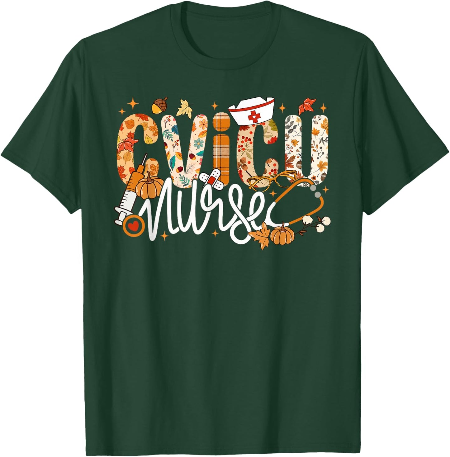 Stethoscope CVICU Nurse Fall Yall Autumn Leaves Thanksgiving T-Shirt - T-Shirt | Forest