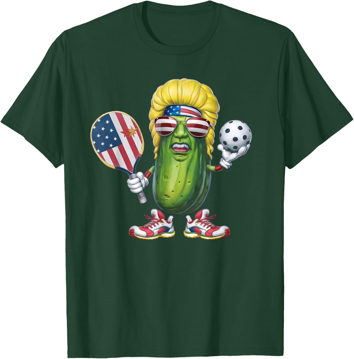 Funny Patriotic Pickle Player Playing Pickleball Game Trump T-Shirt - T-Shirt | Forest