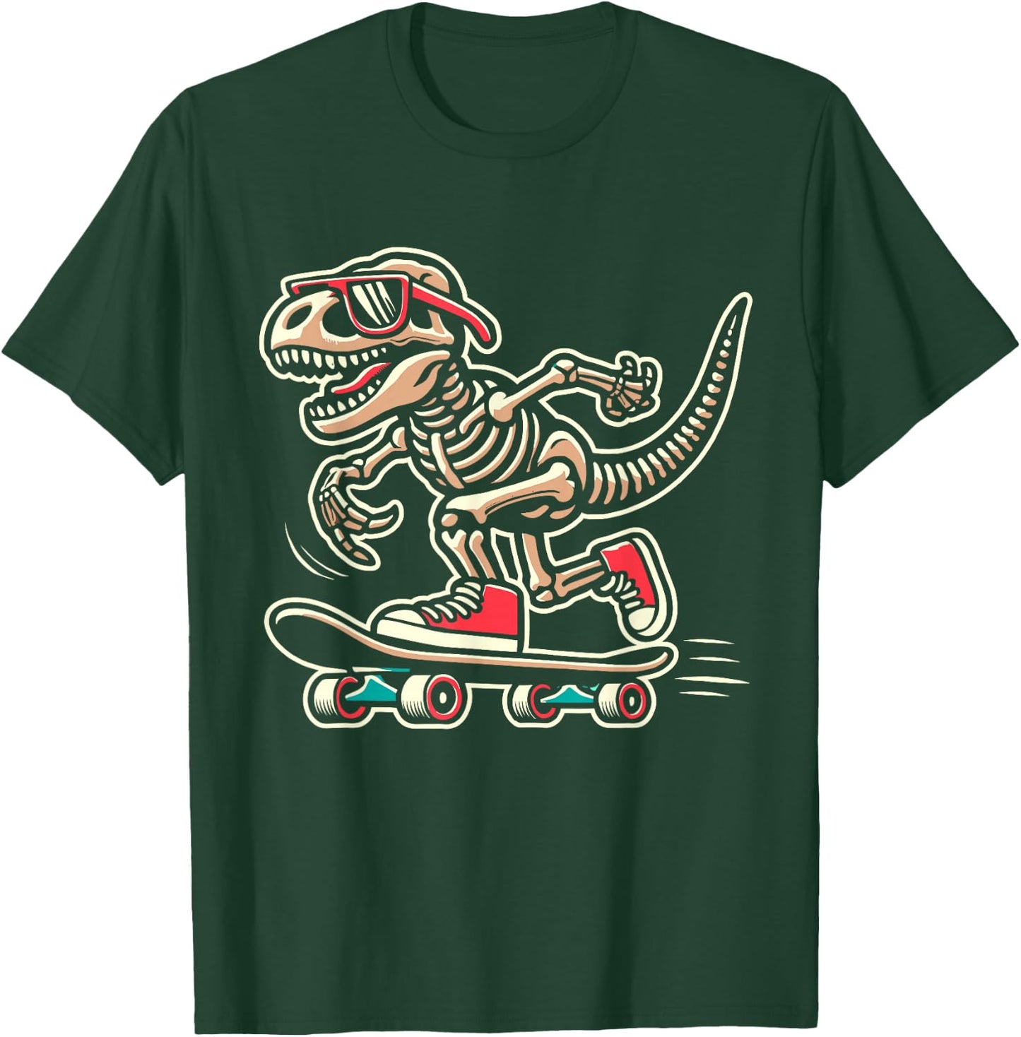 Retro T-Rex Skeleton Dinosaur Skateboarding Boys T-Shirt - T-Shirt | Forest