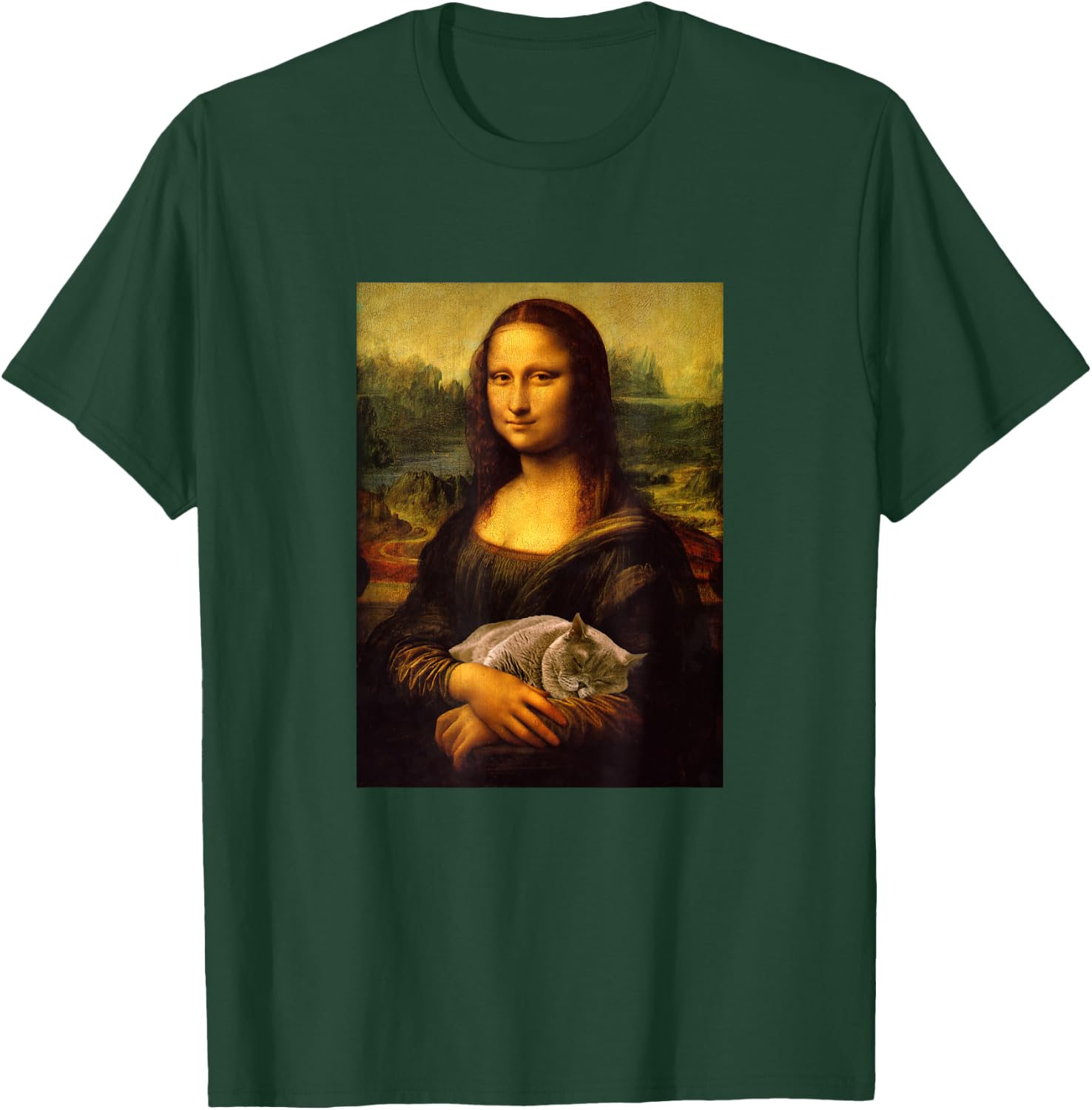 Cool Sarcastic Mona Lisa Carrying Her Cat Graphic Designs T-Shirt - T-Shirt | Forest
