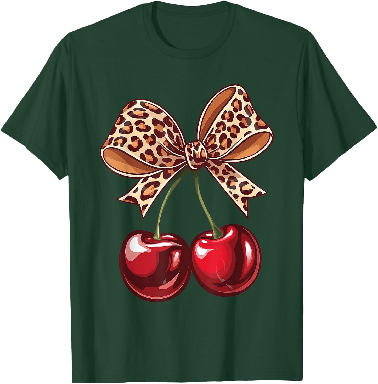 Coquette Cherry Leopard Ribbon Bow Women Girls T-Shirt - T-Shirt | Forest