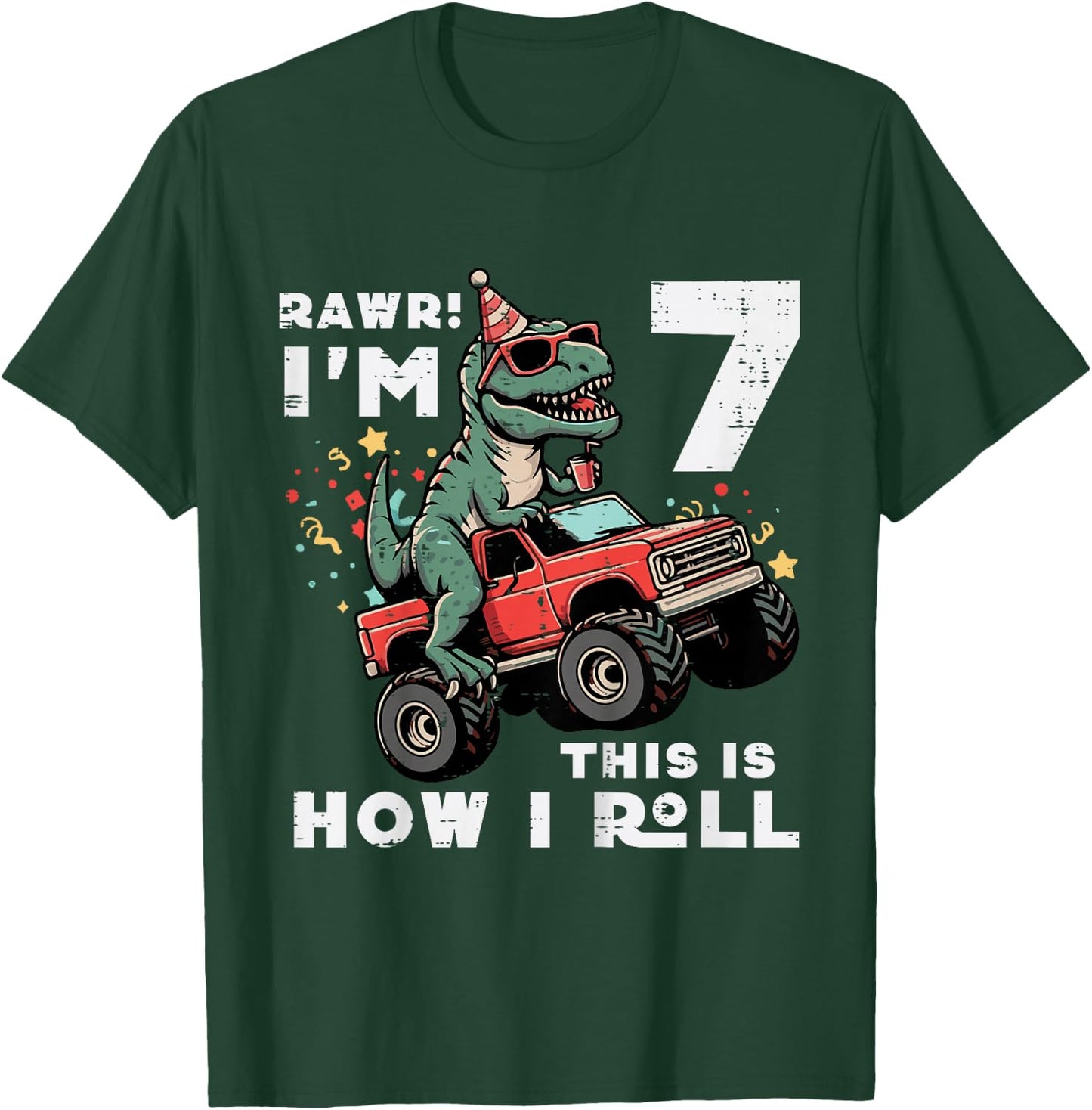Kids Rawr Im 7 Dino This How I Roll 7th Birthday Trex Bday Boys T-Shirt - T-Shirt | Forest
