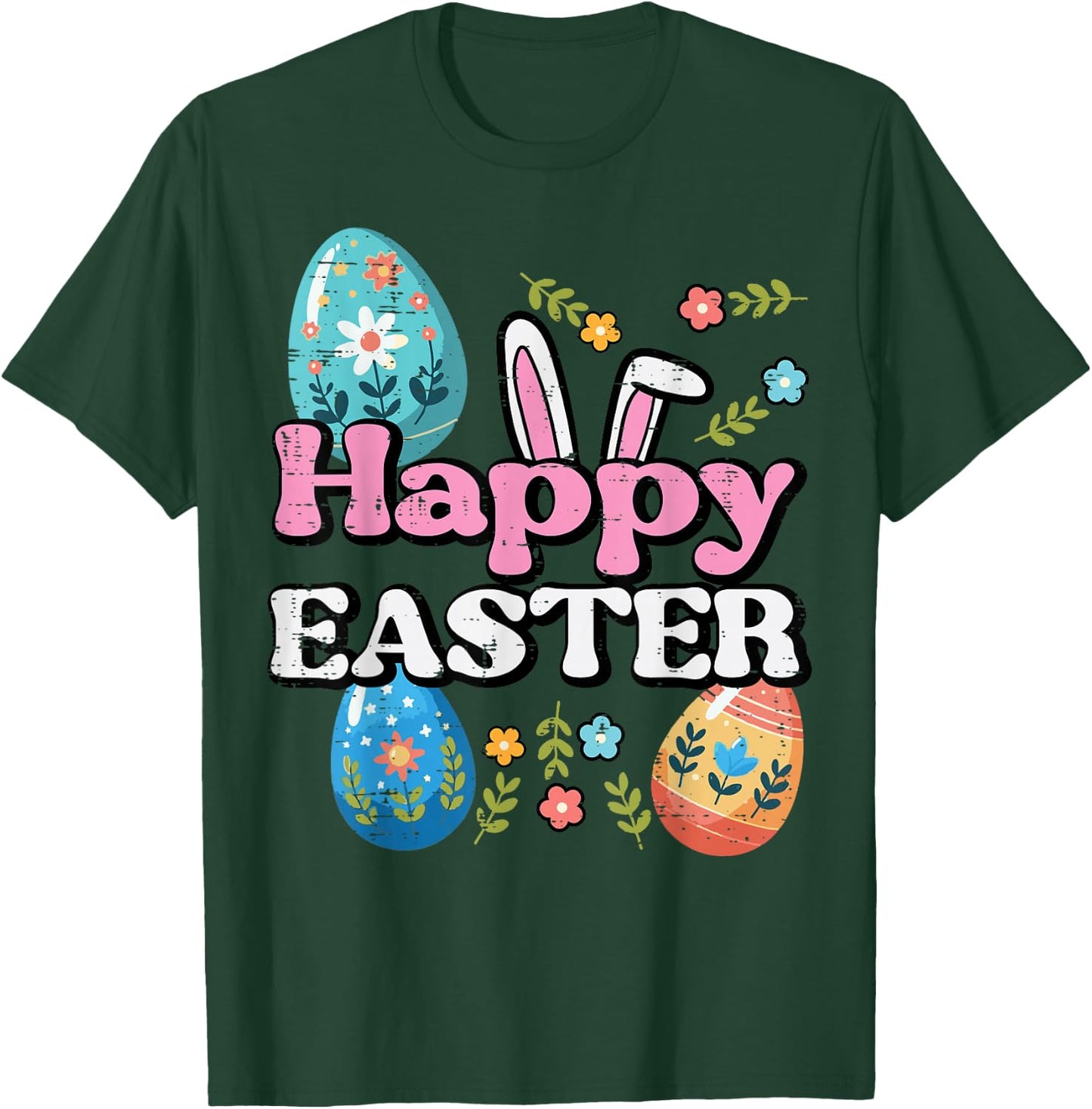 Happy Easter Bunny Ears Eggs Flowers Spring Women Kids Men T-Shirt - T-Shirt | Forest