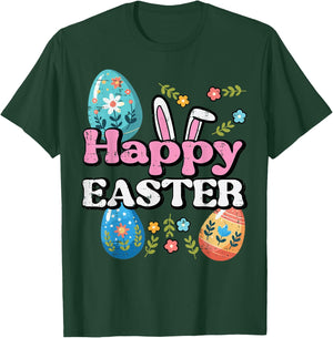 Happy Easter Bunny Ears Eggs Flowers Spring Women Kids Men T-Shirt - T-Shirt | Forest