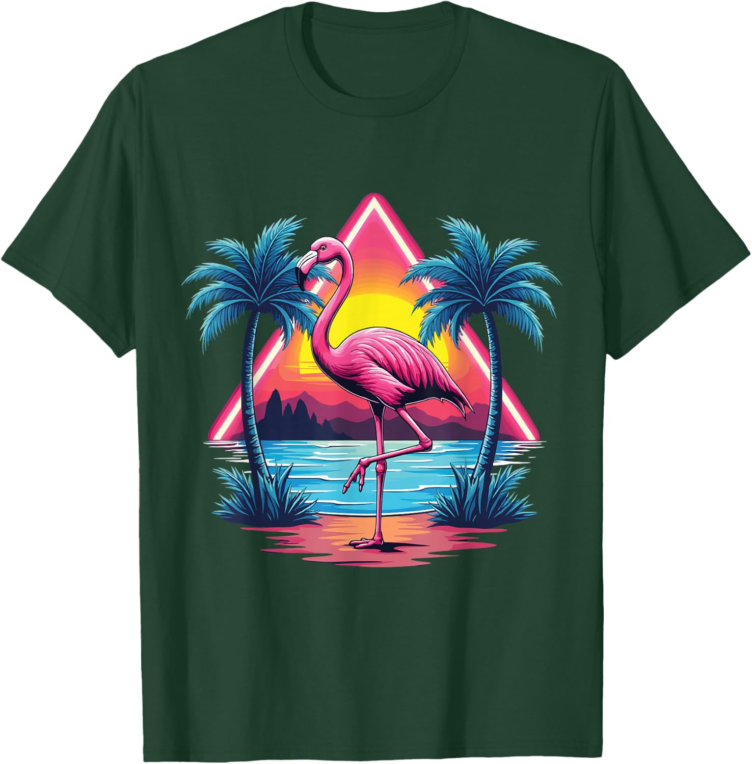 Flamingo Summer Vibes Retro Beach Palm Tree Sunset Flamingo T-Shirt - T-Shirt | Forest