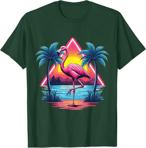 Flamingo Summer Vibes Retro Beach Palm Tree Sunset Flamingo T-Shirt - T-Shirt | Forest