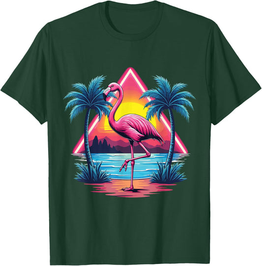 Flamingo Summer Vibes Retro Beach Palm Tree Sunset Flamingo T-Shirt - T-Shirt | Forest