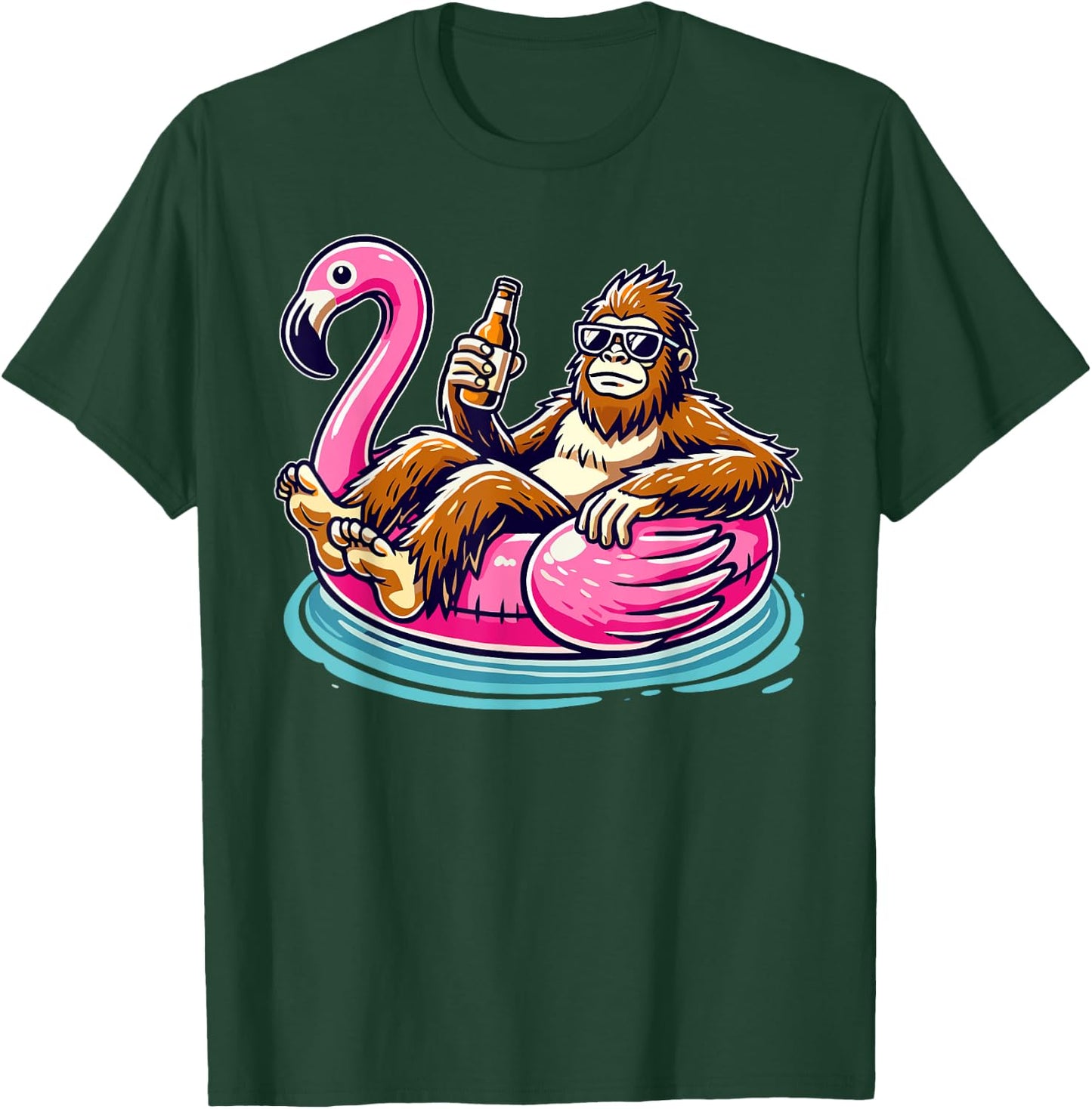 Bigfoot Chilling on Flamingo Float with Beer Fun Summer Vibe T-Shirt - T-Shirt | Forest