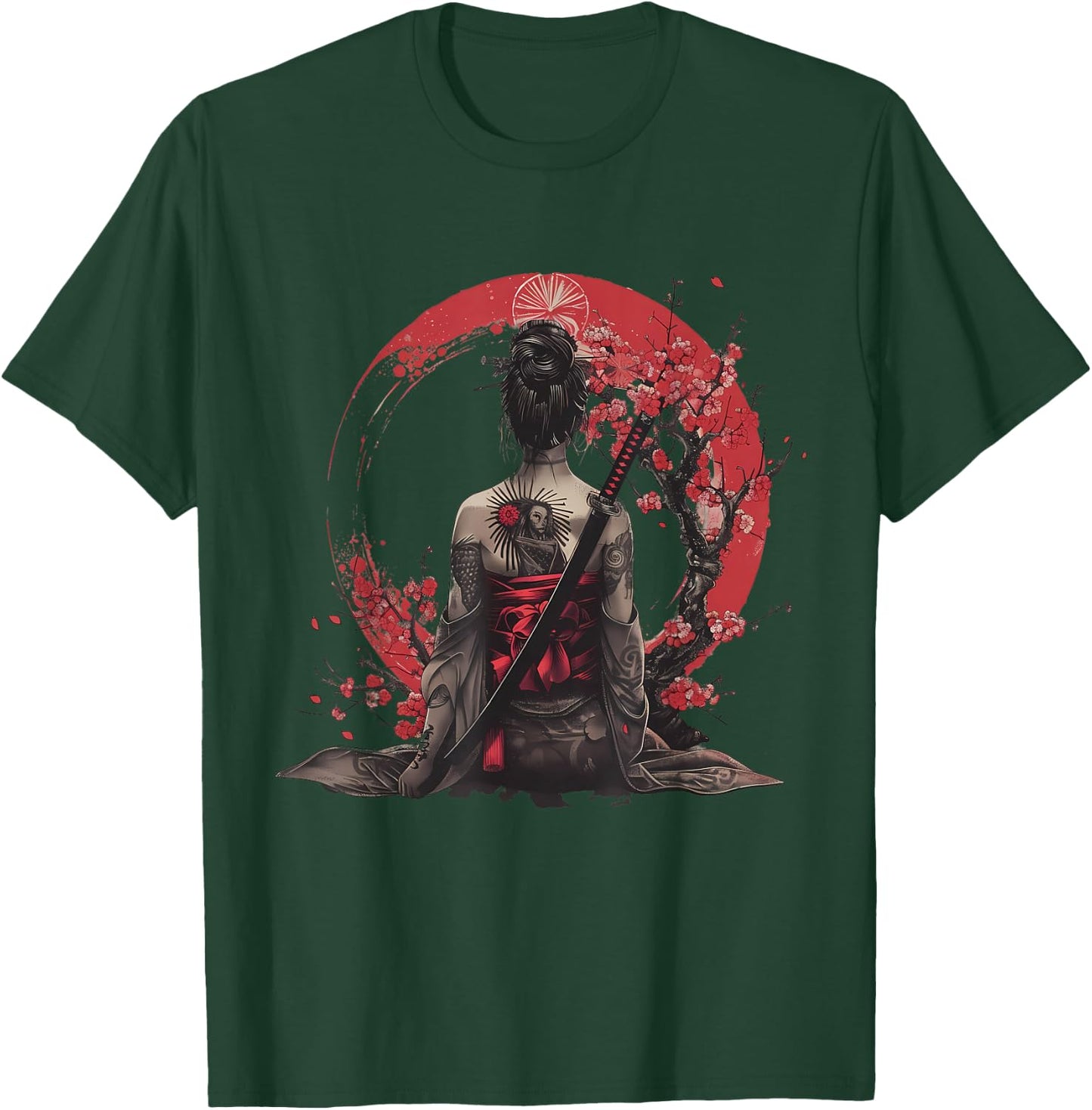 Japanese Samurai Girl Sakura Cherry Blossom Japanese Geisha , black T-Shirt - T-Shirt | Forest