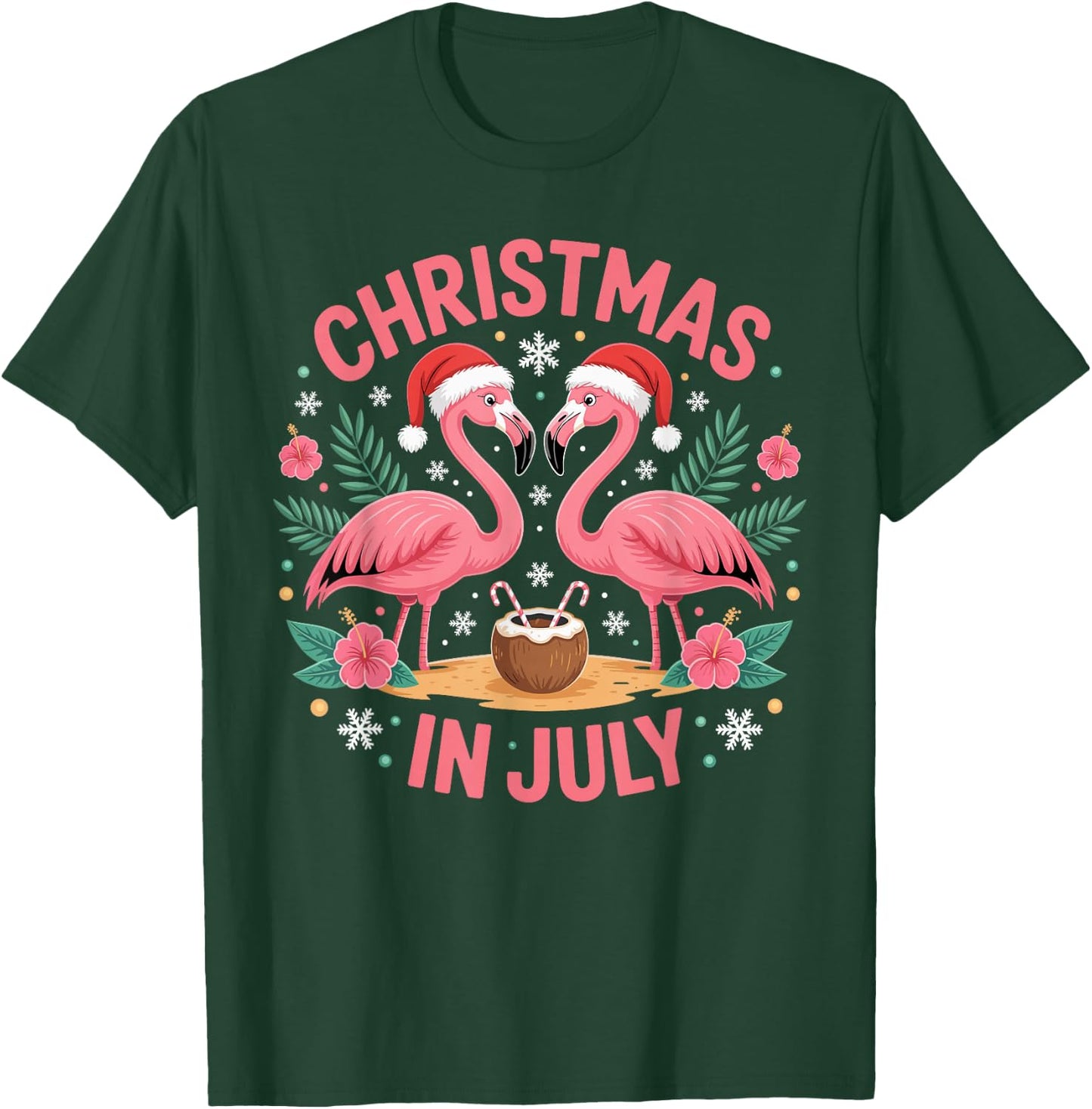 Christmas in July Men Women Flamingo Beach Summer Xmas T-Shirt - T-Shirt | Forest