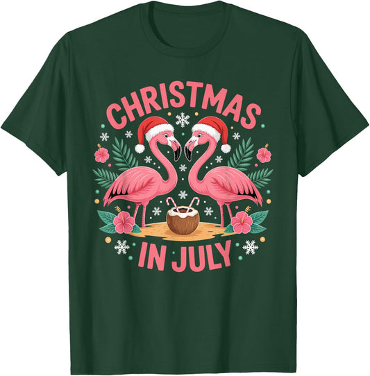 Christmas in July Men Women Flamingo Beach Summer Xmas T-Shirt - T-Shirt | Forest