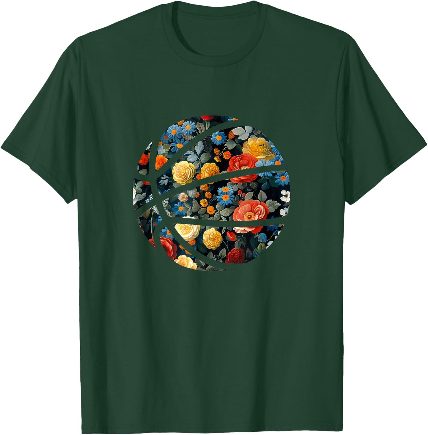 Basketball Silhouette Flowers Botanical Floral T-Shirt - T-Shirt | Forest