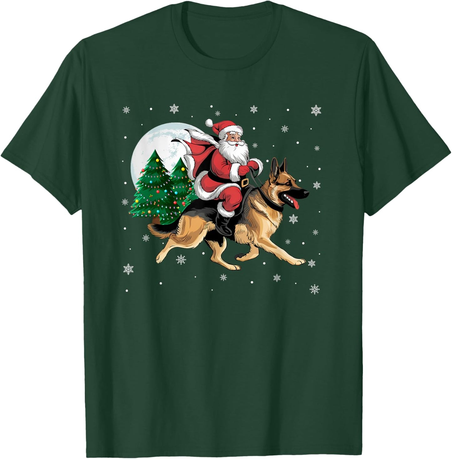 Santa Claus Riding German Shepherd Dog Christmas Tree Lights T-Shirt - T-Shirt | Forest