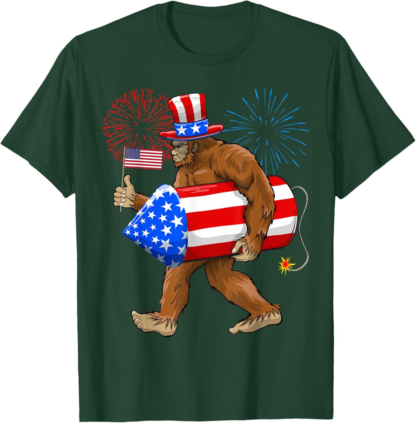 Patriotic Bigfoot, 4th of July, American Flag, Sasquatch T-Shirt - T-Shirt | Forest