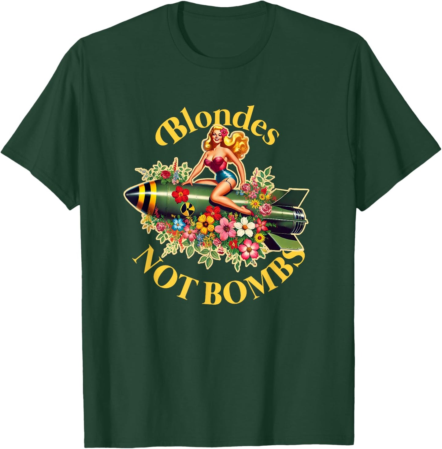 Blondes Not Bombs | Peace Retro Vintage Sexy Pin Up Girl T-Shirt - T-Shirt | Forest