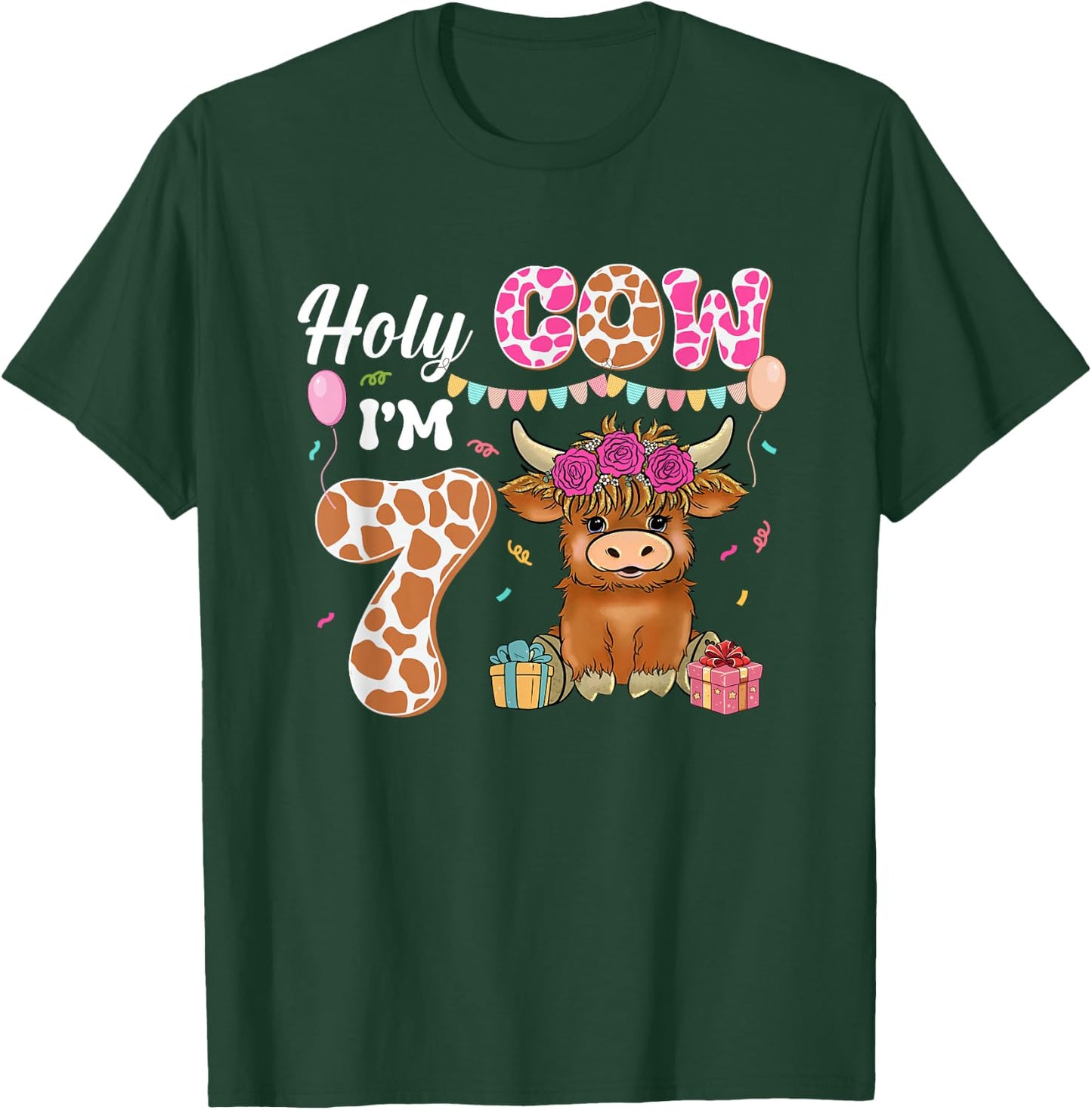 Holy Cow I'm 7 Highland Cow Farming 7th Birthday 7 Years Old T-Shirt - T-Shirt | Forest