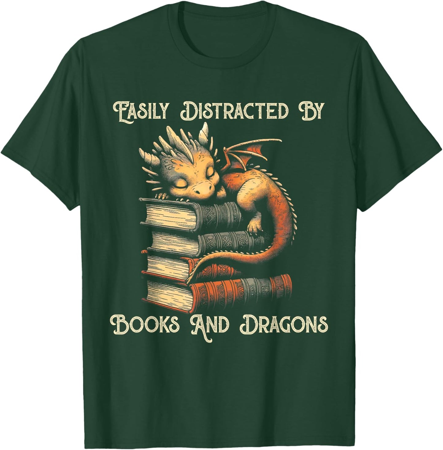 Easily Distracted by Books & Dragons Funny Bookworm Reading T-Shirt - T-Shirt | Forest