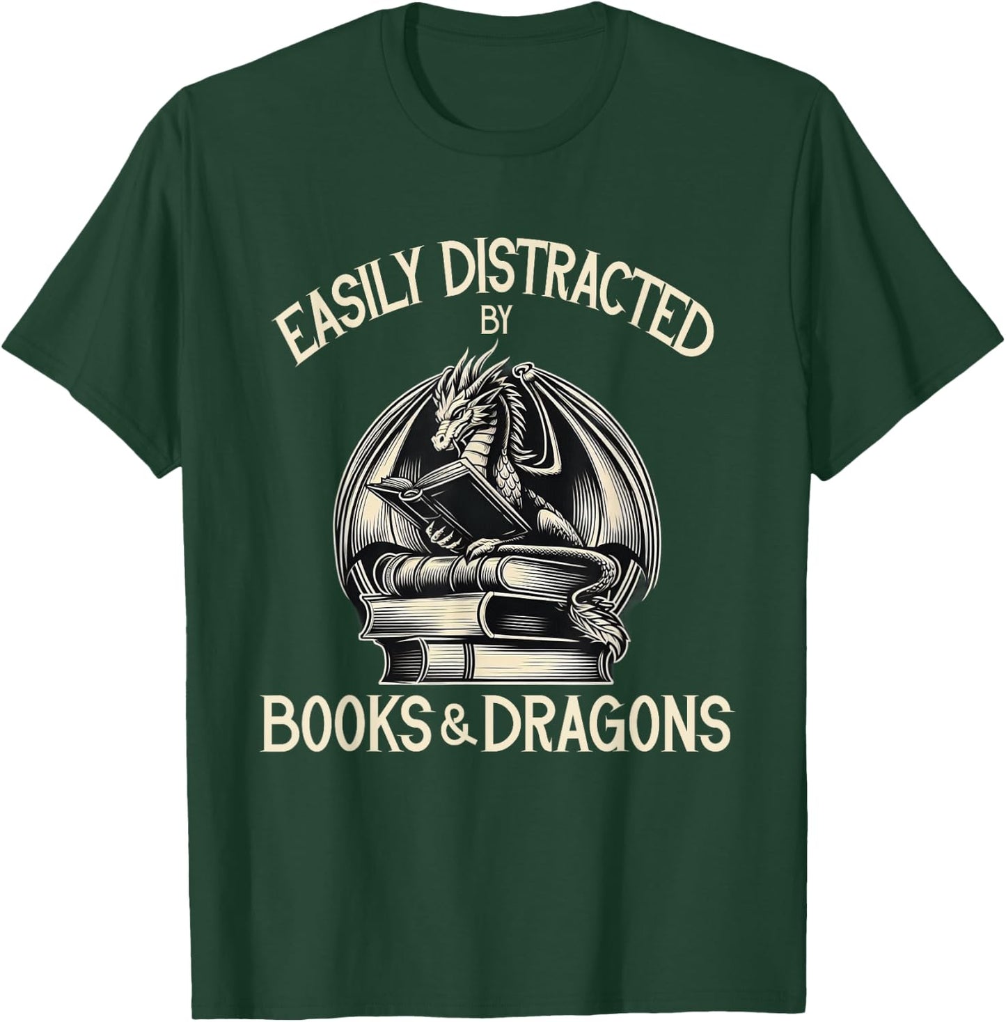 Easily Distracted by Books and Dragons Book Dragon Lover T-Shirt - T-Shirt | Forest