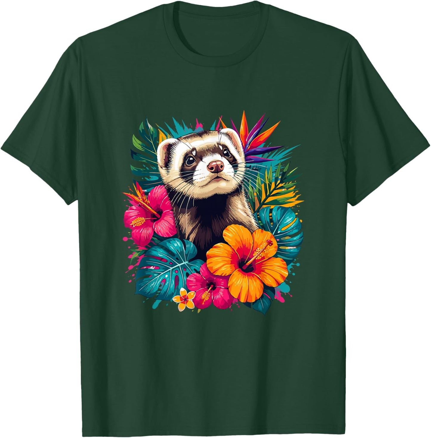 Colorful Ferret in Tropical Hibiscus Flowers Summer T-Shirt - T-Shirt | Forest