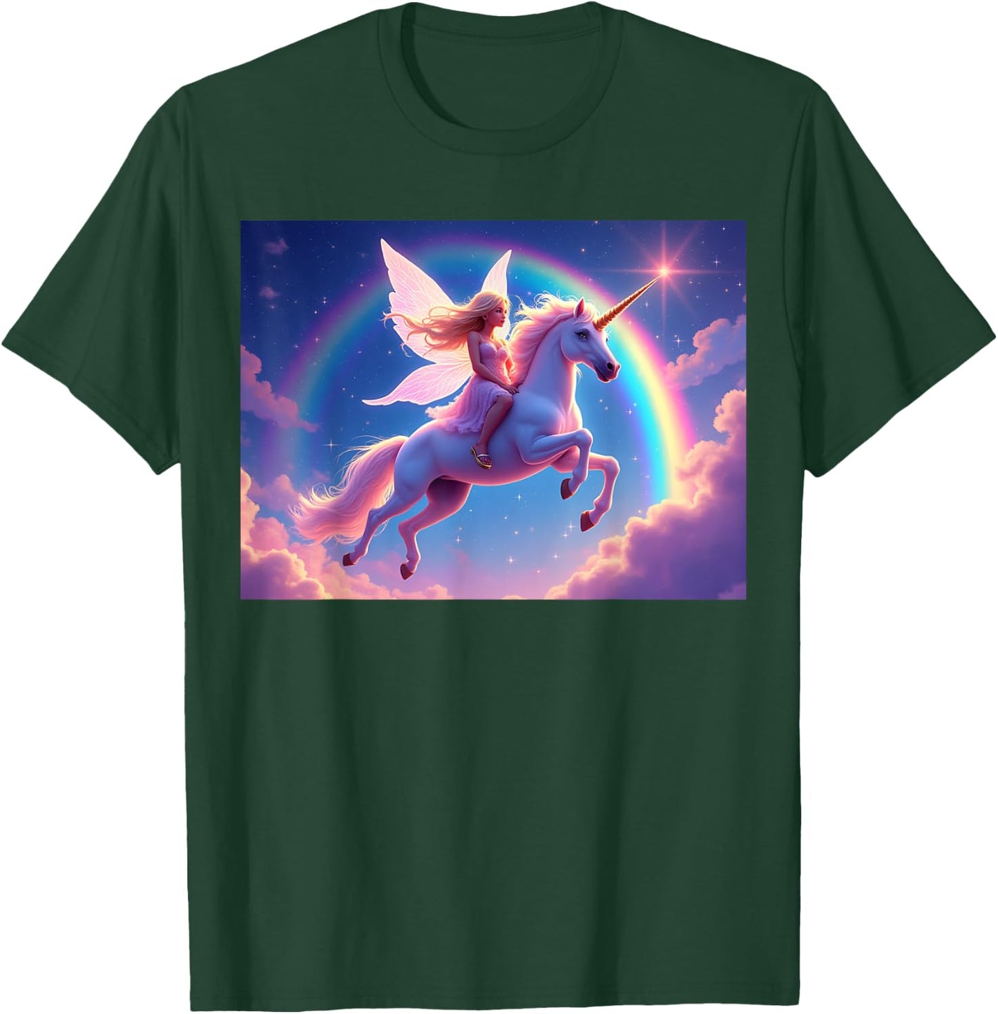 Fairy Riding a Unicorn With Rainbow and Stars Background T-Shirt - T-Shirt | Forest