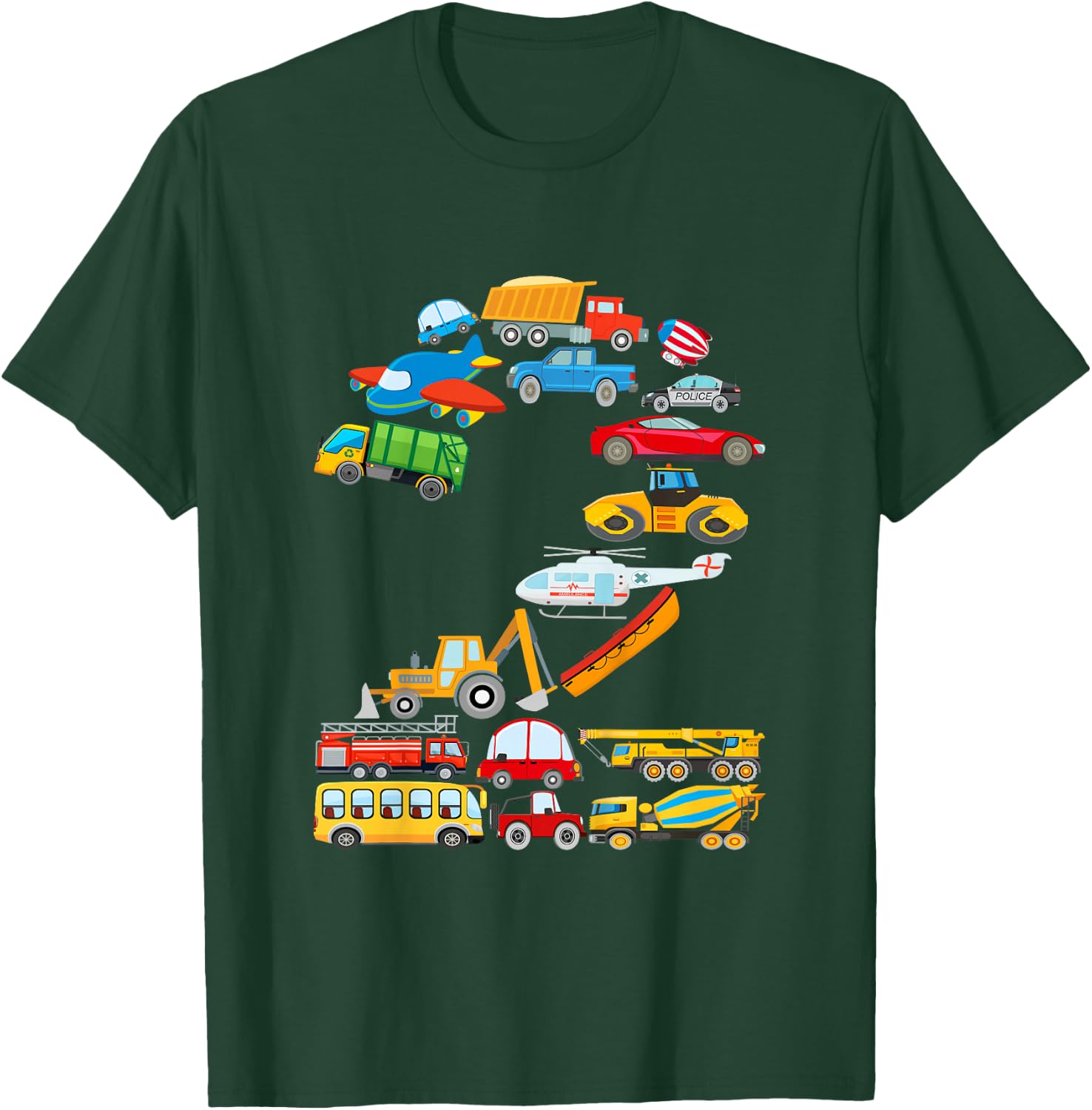 Kids 2nd Birthday for Boys Cars Vehicles Fire Truck Airplane T-Shirt - T-Shirt | Forest