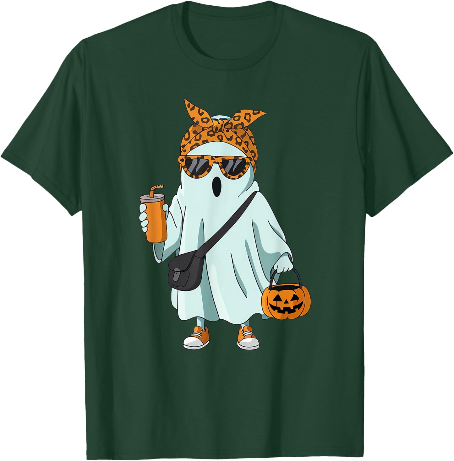 Halloween Ghost Coffee Cute Ghost Drinking Coffee Leopard T-Shirt - T-Shirt | Forest