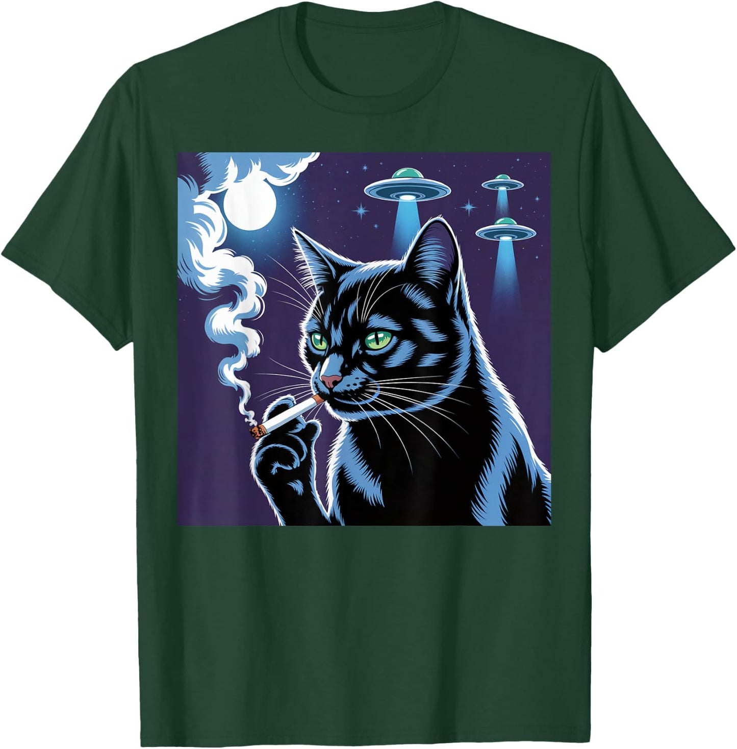 Smoking Cat Selfie Alien UFO Cat Black Smoking Cigarette T-Shirt - T-Shirt | Forest