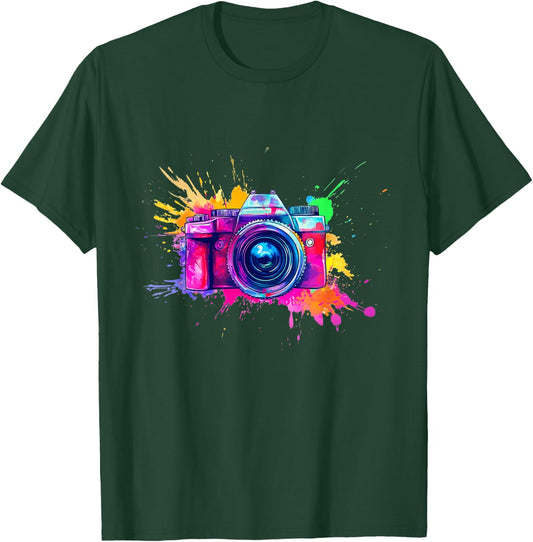 Artistic touch with camera and bright colors , Black, S T-Shirt - T-Shirt | Forest