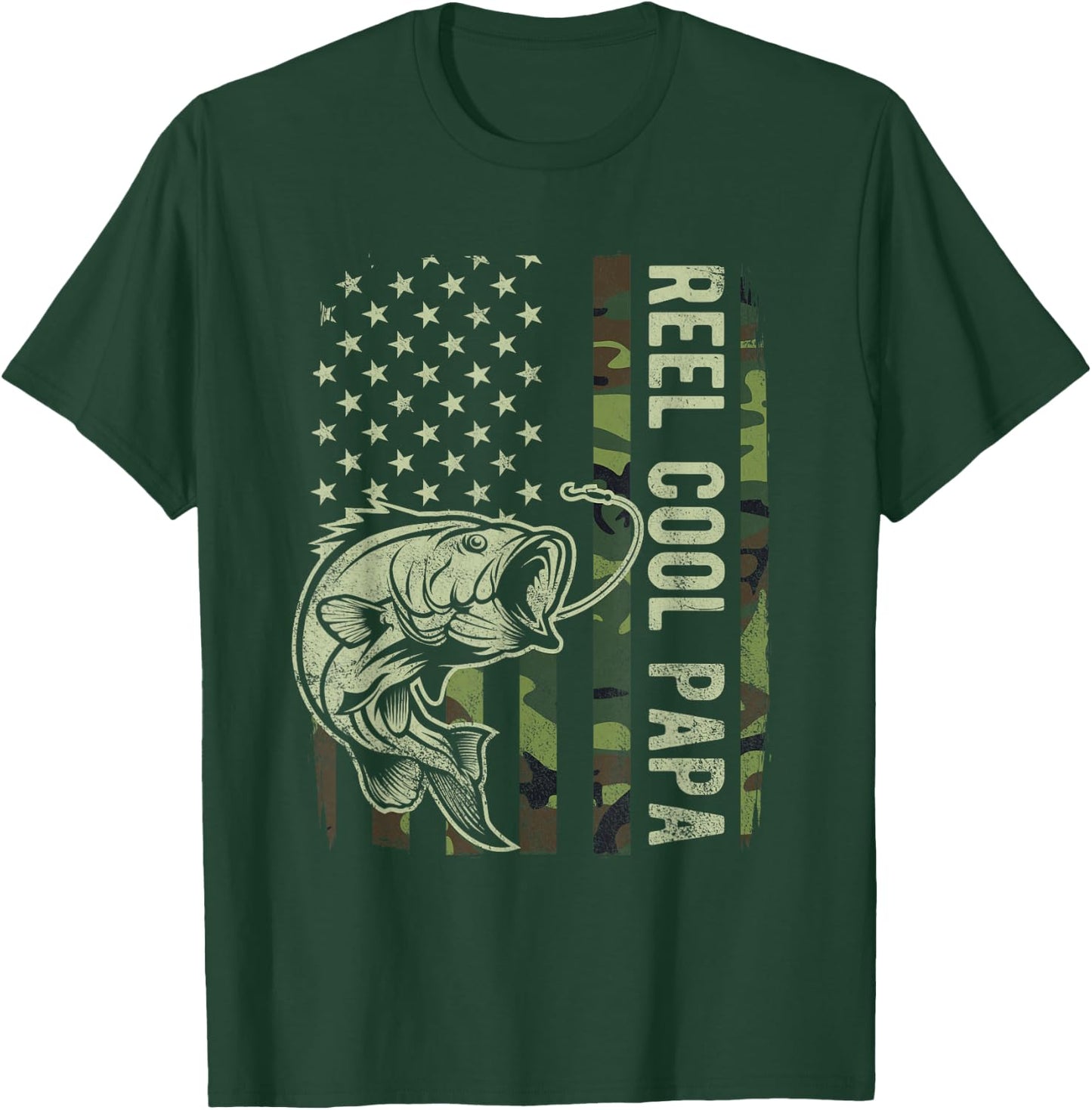 Reel Cool Papa Camouflage American Flag Fathers Day Men T-Shirt - T-Shirt | Forest