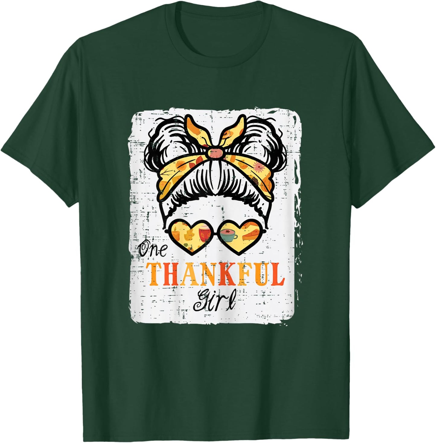 Thanksgiving One Thankful Girl Messy Bun Kids Toddler Youth T-Shirt - T-Shirt | Forest