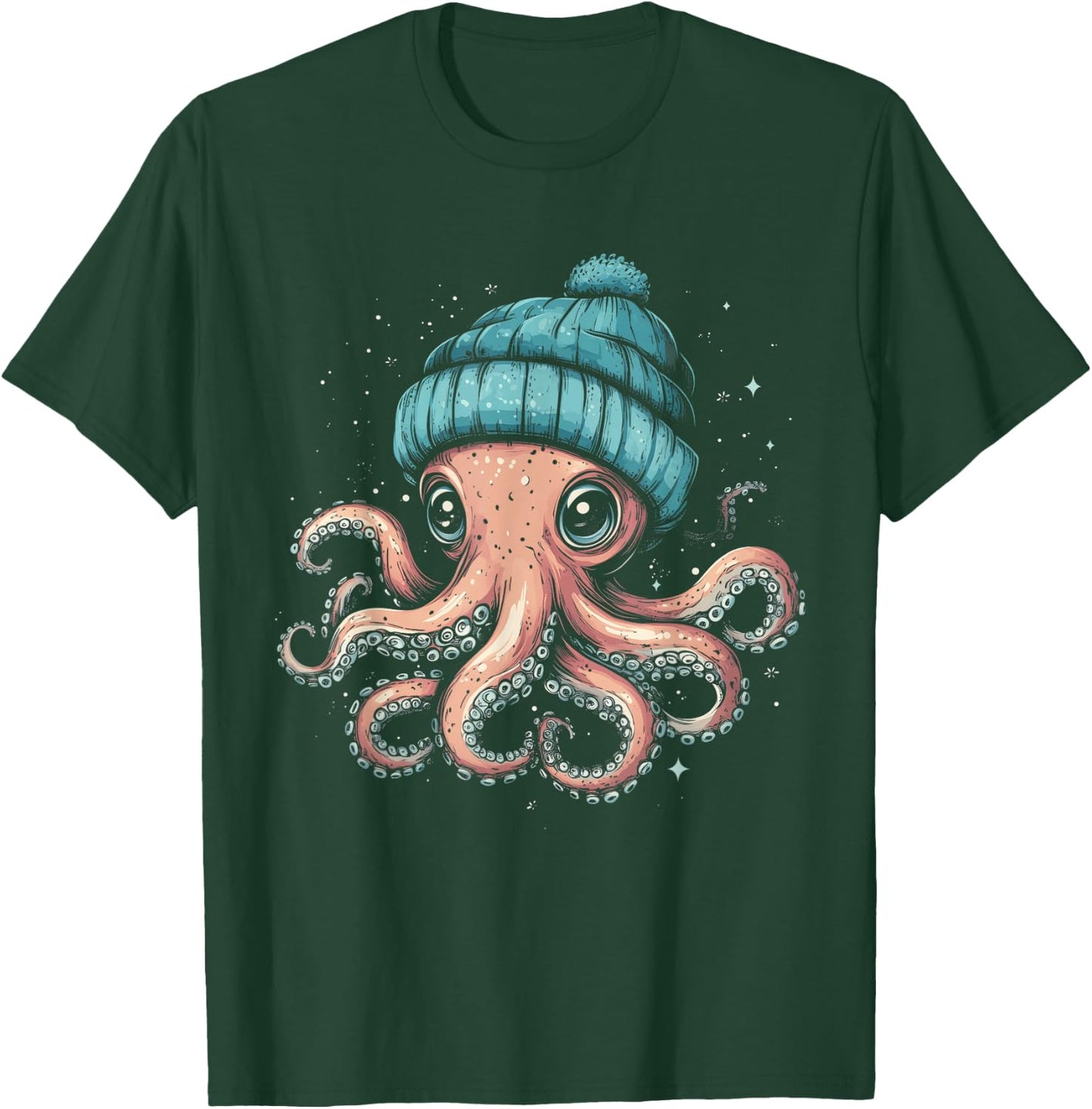 Octopus Wearing Beanie Funny Cute Ocean Animal Kraken Winter T-Shirt - T-Shirt | Forest