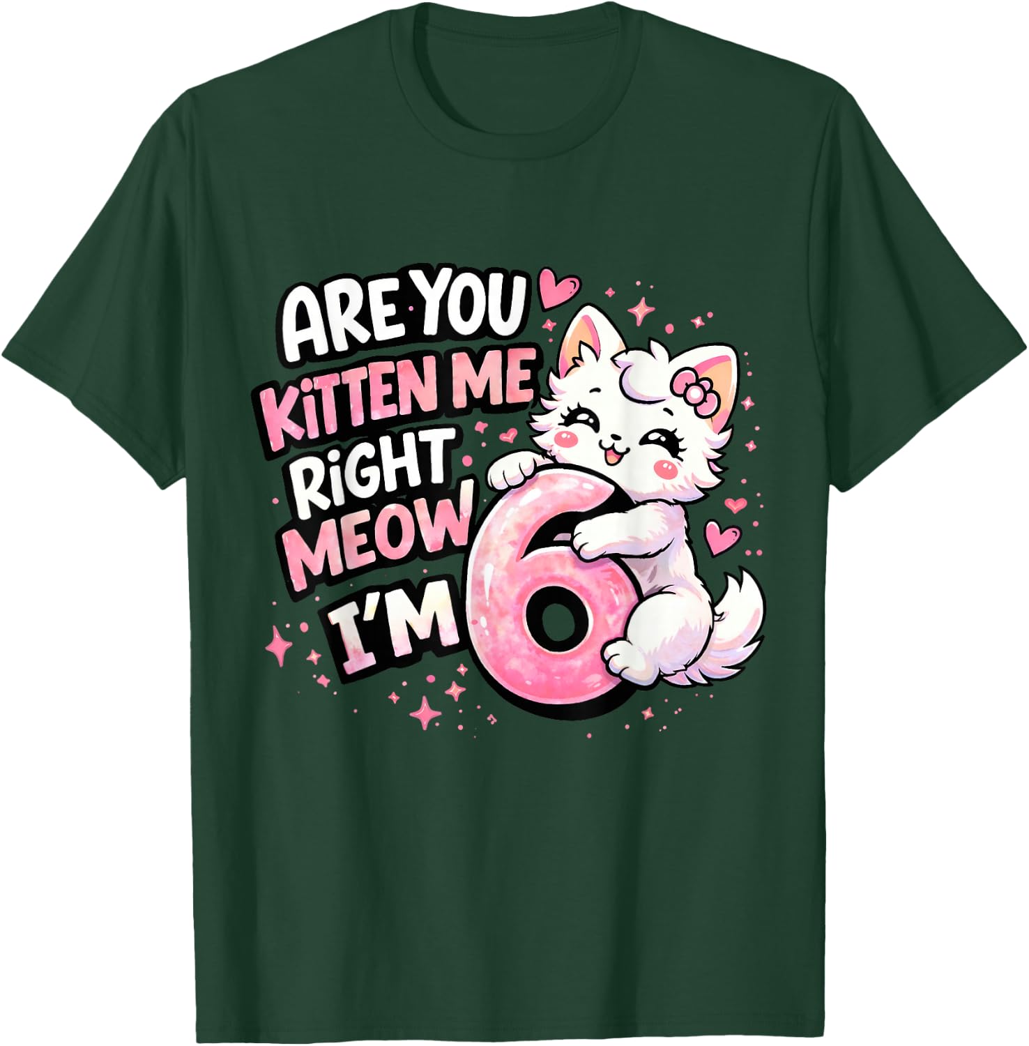 6th Birthday Girl Cute Kitten Cat 6 Year Old Birthday Party T-Shirt - T-Shirt | Forest