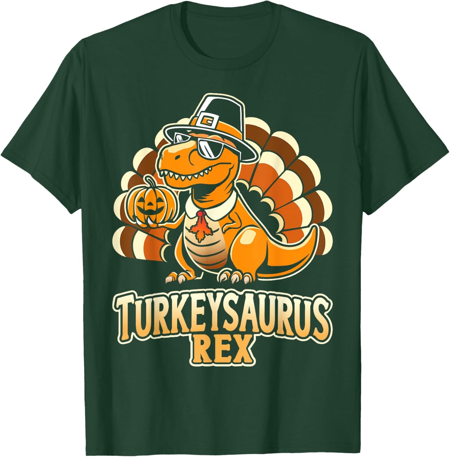 Funny turkeysaurus rex with dinosaur - -Adults, Kids - Black - Short Sleeve - - Cartoon Dinosaur - Thanksgiving Enthusiasts, Humor Lovers T-Shirt - T-Shirt | Forest